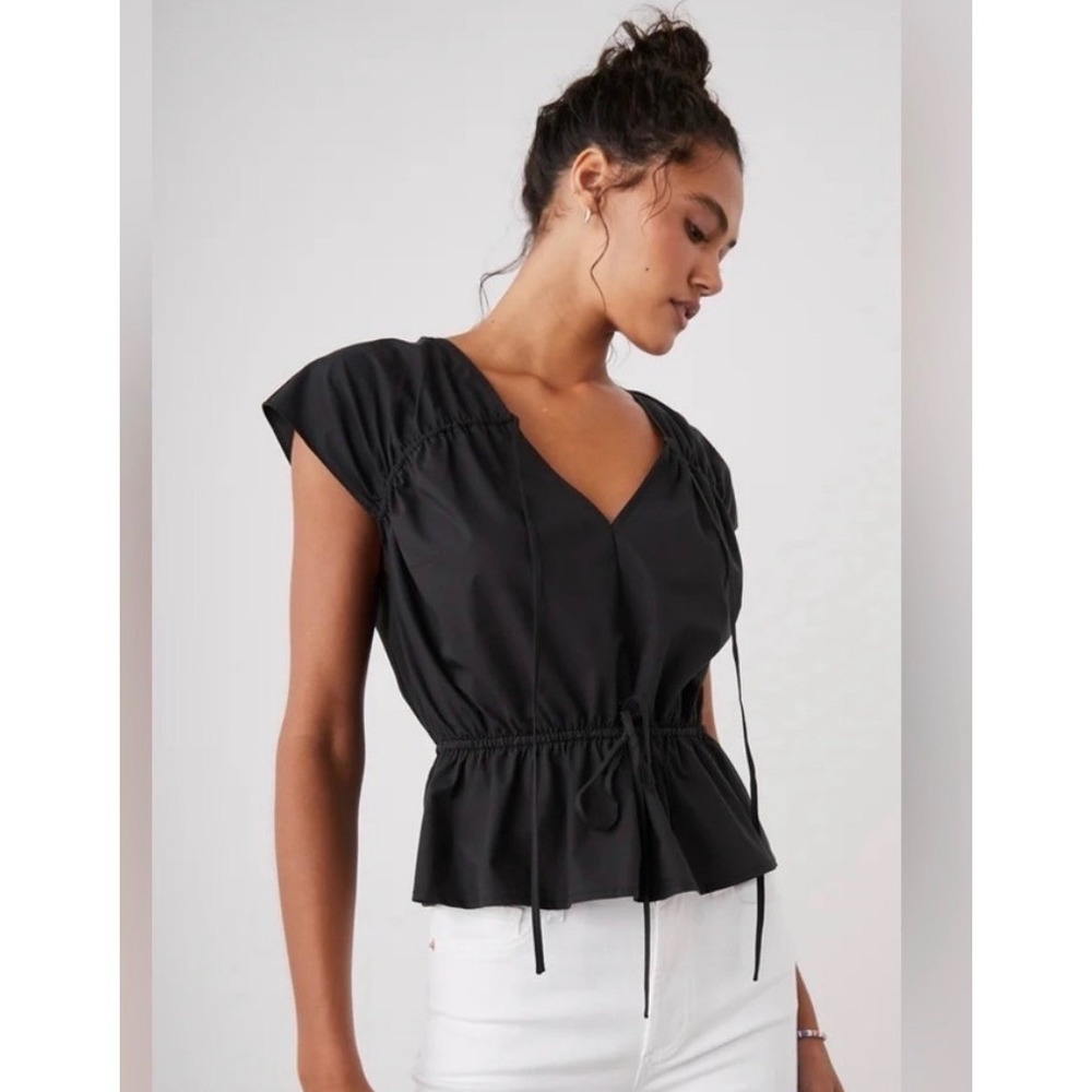 Rails Savi Peplum Top Large Black New V-Neck Cap Sleeve Drawstring Waist Blouse